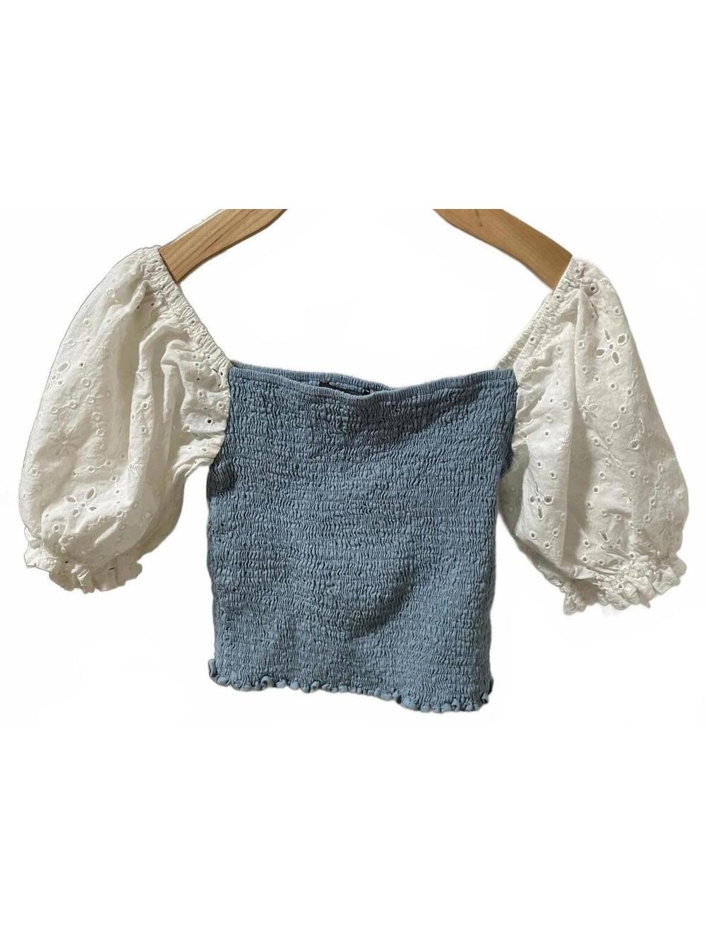 Strut & Bolt Blouse Top Women's Small Blue White Festival Boho Peasant Balloon